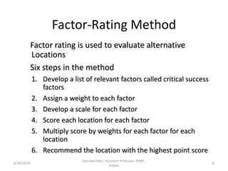 Factor-Rating Method
Factor rating is used to evaluate alternative
Locations
Six steps in the method
1. Develop a list of relevant factors called critical success
factors
2. Assign a weight to each factor
3. Develop a scale for each factor
4. Score each location for each factor
5. Multiply score by weights for each factor for each
location
6. Recommend the location with the highest point score
8/29/2019 8
Jitendra Patel, Assistant Professor, PIMR ,
Indore
 