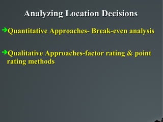 Analyzing Location Decisions
Quantitative Approaches- Break-even analysis


Qualitative Approaches-factor rating & point
 rating methods
 