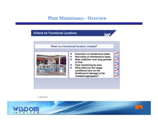 14 
Plant Maintenance - Overview 
Criteria for Functional Locations 
 SAP AG 1999 
When is a functional location created? 
 Execution of maintenance tasks 
 Recording of maintenance tasks 
 Data collection over long periods 
of time 
 Cost monitoring by area 
 What effect do the usage 
conditions have on the 
likelihood of damage to the 
installed aggregates? 
 