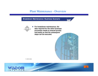 20 
Plant Maintenance - Overview 
Breakdown Maintenance: Business Scenario 
 SAP AG 1999 
 For breakdown maintenance, the 
data required for the other business 
processes needs to entered quickly 
and easily so that the subsequent 
steps can be executed. 
 
