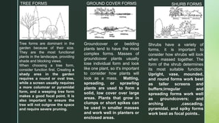TREE FORMS GROUND COVER FORMS SHURB FORMS
Tree forms are dominant in the
garden because of their size.
They are the most functional
plants in the landscape, providing
shade and blocking views.
When choosing a tree form,
consider function first. Creating a
shady area in the garden
requires a round or oval tree,
while a screen usually requires
a more columnar or pyramidal
form, and a weeping tree form
makes a good focal point. It is
also important to ensure the
tree will not outgrow the space
and require severe pruning.
Shrubs have a variety of
forms, it is important to
consider how shrubs will look
when massed together. The
form of the shrub determines
its most suitable function.
Upright, vase, mounded,
and round forms work best
as taller screens and
buffers;irregular and
spreading forms work well
as groundcovers; and
arching ,cascading,
pyramidal, and spiky forms
work best as focal points..
Groundcover or bedding
plants tend to have the most
complex forms. Masses of
groundcover plants usually
lose individual form and look
like one plant, so it's important
to consider how plants will
look as a mass. Matting,
spreading, or sprawling
plants are used to form a
solid, low cover over large
areas. Plants that grow in
clumps or short spikes can
be used in smaller masses
and work well in planters or
enclosed areas.
 