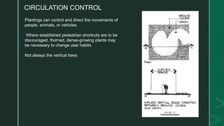 CIRCULATION CONTROL
Plantings can control and direct the movements of
people, animals, or vehicles.
Where established pedestrian shortcuts are to be
discouraged, thorned, dense-growing plants may
be necessary to change user habits.
Not always the vertical trees
 