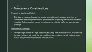 z
 Maintenance Considerations
Proximity to Mechanical Activity:
 The vigor of a tree or shrub can be greatly reduced through repeated wounding by
lawnmowers and string trimmers that girdle the trunk, or passing vehicles that may break
branches. Soil compaction caused by pedestrian or vehicular traffic can also damage
plantings.
Placement of Plantings :
 Fitting the right plant to the right place includes using plant materials whose requirements
for water, light and soil match the site conditions; placing plants that will be large when
mature away from electric lines and other structures.
 