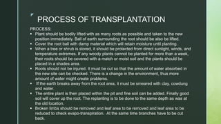 z
PROCESS OF TRANSPLANTATION
PROCESS:
 Plant should be bodily lifted with as many roots as possible and taken to the new
position immediately. Ball of earth surrounding the root should be also be lifted.
 Cover the root ball with damp material which will retain moisture until planting.
 When a tree or shrub is stored, it should be protected from direct sunlight, winds, and
temperature extremes. If any woody plants cannot be planted for more than a week,
their roots should be covered with a match or moist soil and the plants should be
placed in a shades area.
 Roots should not be injured. It must be cut so that the amount of water absorbed in
the new site can be checked. There is a change in the environment, thus more
amount of water might create problems.
 If the earth breaks away from the root area, it must be smeared with clay, cowdung
and water.
 The entire plant is then placed within the pit and fine soil can be added. Finally good
soil will cover up the root. The replanting is to be done to the same depth as was at
the old location.
 Broken limbs should be removed and leaf area to be removed and leaf area to be
reduced to check evapo-transpiration. At the same time branches have to be cut
back.
 