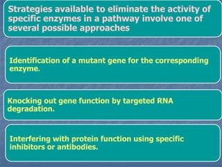 Strategies available to eliminate the activity of
specific enzymes in a pathway involve one of
several possible approaches
Identification of a mutant gene for the corresponding
enzyme.
Knocking out gene function by targeted RNA
degradation.
Interfering with protein function using specific
inhibitors or antibodies.
 