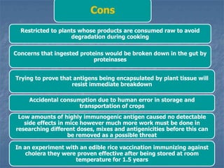 Cons
Restricted to plants whose products are consumed raw to avoid
degradation during cooking
Concerns that ingested proteins would be broken down in the gut by
proteinases
Trying to prove that antigens being encapsulated by plant tissue will
resist immediate breakdown
Accidental consumption due to human error in storage and
transportation of crops
Low amounts of highly immunogenic antigen caused no detectable
side effects in mice however much more work must be done in
researching different doses, mixes and antigenicities before this can
be removed as a possible threat
In an experiment with an edible rice vaccination immunizing against
cholera they were proven effective after being stored at room
temperature for 1.5 years
 