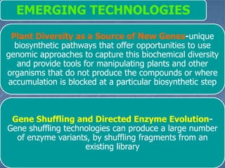 EMERGING TECHNOLOGIES
Plant Diversity as a Source of New Genes-unique
biosynthetic pathways that offer opportunities to use
genomic approaches to capture this biochemical diversity
and provide tools for manipulating plants and other
organisms that do not produce the compounds or where
accumulation is blocked at a particular biosynthetic step
Gene Shuffling and Directed Enzyme Evolution-
Gene shuffling technologies can produce a large number
of enzyme variants, by shuffling fragments from an
existing library
 