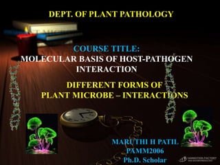 DIFFERENT FORMS OF
PLANT MICROBE – INTERACTIONS
MARUTHI H PATIL
PAMM2006
Ph.D. Scholar
COURSE TITLE:
MOLECULAR BASIS OF HOST-PATHOGEN
INTERACTION
DEPT. OF PLANT PATHOLOGY
 