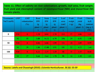 Table 11. Effect of salinity on root colonization, growth, leaf area, fruit weight,
fruit yield and chlorophyll content of nonmycorrhizal (NM) and mycorrhizal (M)
tomato plants.
Treatments
NaCl (mM)
AMF AMF
colonization
(%)
Root
DW
(g
plant−1
)
Stem
DW
(g
plant−
1)
Leaf
DW
(g
plant−
1)
Leaf
area
(cm2
plant−1
)
Fruit
weigh
t (g)
Fruit
yield
(kg
plant−1)
Chlorop
hyll
content
(mg g−1
FW)
0 NM 0 1.38 8.04 2.70 212 27 4.86 1.22
M 55 3.88 14.22 6.78 256 29 6.92 1.50
50 NM 0 0.86 6.06 1.99 111 18 3.09 0.99
M 39 1.86 13.80 5.91 181 22 4.12 1.44
100 NM 0 0.32 3.37 1.29 58 11 1.15 0.46
M 27 0.66 5.64 1.78 90 16 2.38 1.01
Source: Latefa and Chaoxingb (2010) J.Scientia Horticulturae. 26 (6): 55-59
 