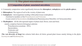 1. The plant microbiome
1.1 Composition of plant- associated microbiota
 Community composition varies significantly between the rhizosphere, endophytes and the phyllo sphere.
 Rhizosphere: The region of soil in the vicinity of plant roots
 Endophytes: microorganisms residing within plant tissues (endosphere)
-Enriched in members of the Proteobacteria and Firmicutes
-Lesser extent in Bacteroidetes (Acidobacteria,Planctomycetes,Chloroflexi & Verrucomicrobia)
 Phyllosphere: All the aboveground organs of plants (leaf, flower, stem and fruit).
-mainly comprises bacteria belonging to phylum
Proteobacteria (constitute ~50%)
Bacteroidetes,
Firmicutes and
Actinomycetes
-The vast diversity of fungi that colonize both above & below ground plant tissues mainly belong to the phyla
Ascomycota and Basidiomycota.
Microbiota =microorganisms that are found within a specific environment. (bacteria, viruses, and fungi)
 