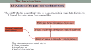 The plant microbiome
1.3 Dynamics of the plant- associated microbiome
Microbial composition
of microbiomes
Highly dynamic in the early vegetative phase
Begins to converge throughout vegetative growth
Stabilizes during the reproductive phase
These microorganisms possess multiple traits for,
Efficient colonization,
Stress tolerance and
Beneficial effects on the hosts
The assembly of a plant-associated microbiome is a successional, multistep process that is determined by
Dispersal, Species interactions, Environment and Host
 
