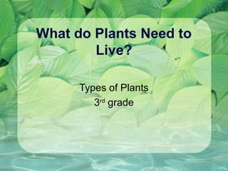 What do Plants Need to
        Live?

      Types of Plants
         3rd grade
 