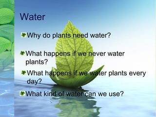 Water
 Why do plants need water?

 What happens if we never water
 plants?
 What happens if we water plants every
 day?
 What kind of water can we use?
 