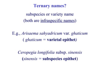 Ternary names?
subspecies or variety name
(both are infraspecific names)
E.g., Arisaema sahyadricum var. ghaticum
( ghaticum = varietal epithet)
Ceropegia longifolia subsp. sinensis
(sinensis = subspecies epithet)
 