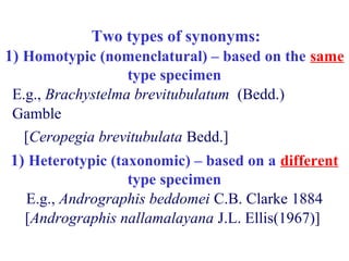 Two types of synonyms:
E.g., Brachystelma brevitubulatum (Bedd.)
Gamble
[Ceropegia brevitubulata Bedd.]
1) Homotypic (nomenclatural) – based on the same
type specimen
E.g., Andrographis beddomei C.B. Clarke 1884
[Andrographis nallamalayana J.L. Ellis(1967)]
1) Heterotypic (taxonomic) – based on a different
type specimen
 
