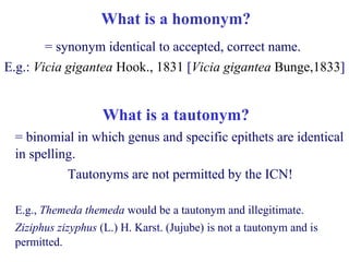What is a homonym?
= synonym identical to accepted, correct name.
E.g.: Vicia gigantea Hook., 1831 [Vicia gigantea Bunge,1833]
= binomial in which genus and specific epithets are identical
in spelling.
Tautonyms are not permitted by the ICN!
E.g., Themeda themeda would be a tautonym and illegitimate.
Ziziphus zizyphus (L.) H. Karst. (Jujube) is not a tautonym and is
permitted.
What is a tautonym?
 