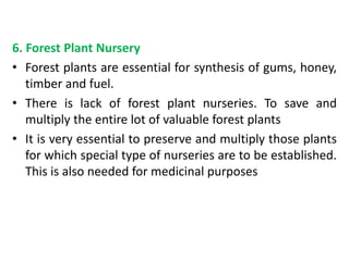 6. Forest Plant Nursery
• Forest plants are essential for synthesis of gums, honey,
timber and fuel.
• There is lack of forest plant nurseries. To save and
multiply the entire lot of valuable forest plants
• It is very essential to preserve and multiply those plants
for which special type of nurseries are to be established.
This is also needed for medicinal purposes
 