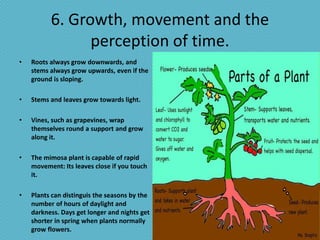 6. Growth, movement and the
                perception of time.
•   Roots always grow downwards, and
    stems always grow upwards, even if the
    ground is sloping.

•   Stems and leaves grow towards light.

•   Vines, such as grapevines, wrap
    themselves round a support and grow
    along it.

•   The mimosa plant is capable of rapid
    movement: Its leaves close if you touch
    it.

•   Plants can distinguis the seasons by the
    number of hours of daylight and
    darkness. Days get longer and nights get
    shorter in spring when plants normally
    grow flowers.
 