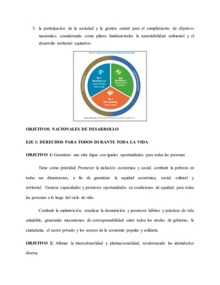 3. la participación de la sociedad y la gestión estatal para el cumplimiento de objetivos
nacionales; considerando como pilares fundamentales la sustentabilidad ambiental y el
desarrollo territorial equitativo.
OBJETIVOS NACIONALES DE DESARROLLO
EJE 1: DERECHOS PARA TODOS DURANTE TODA LA VIDA
OBJETIVO 1: Garantizar una vida digna con iguales oportunidades para todas las personas
Tiene como prioridad Promover la inclusión económica y social; combatir la pobreza en
todas sus dimensiones, a fin de garantizar la equidad económica, social, cultural y
territorial. Generar capacidades y promover oportunidades en condiciones de equidad, para todas
las personas a lo largo del ciclo de vida.
Combatir la malnutrición, erradicar la desnutrición y promover hábitos y prácticas de vida
saludable, generando mecanismos de corresponsabilidad entre todos los niveles de gobierno, la
ciudadanía, el sector privado y los actores de la economía popular y solidaria.
OBJETIVO 2: Afirmar la interculturalidad y plurinacionalidad, revalorizando las identidades
diversa
 