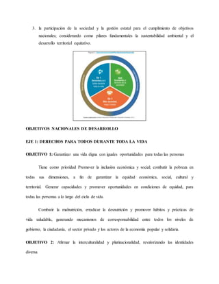 3. la participación de la sociedad y la gestión estatal para el cumplimiento de objetivos
nacionales; considerando como pilares fundamentales la sustentabilidad ambiental y el
desarrollo territorial equitativo.
OBJETIVOS NACIONALES DE DESARROLLO
EJE 1: DERECHOS PARA TODOS DURANTE TODA LA VIDA
OBJETIVO 1: Garantizar una vida digna con iguales oportunidades para todas las personas
Tiene como prioridad Promover la inclusión económica y social; combatir la pobreza en
todas sus dimensiones, a fin de garantizar la equidad económica, social, cultural y
territorial. Generar capacidades y promover oportunidades en condiciones de equidad, para
todas las personas a lo largo del ciclo de vida.
Combatir la malnutrición, erradicar la desnutrición y promover hábitos y prácticas de
vida saludable, generando mecanismos de corresponsabilidad entre todos los niveles de
gobierno, la ciudadanía, el sector privado y los actores de la economía popular y solidaria.
OBJETIVO 2: Afirmar la interculturalidad y plurinacionalidad, revalorizando las identidades
diversa
 