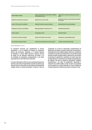 42
Plan Nacional de Desarrollo 2017-2021-Toda una Vida
Fuente y Elaboración: Senplades.
Gestión Integral de riesgos
Sistema de información de productividad, rentabilidad
y potencialidad del suelo
Transparencia en procesos de selección del servicio
público
Defensa de los derechos del consumidor Articulación con el sector privado
Identificación, denuncia y sanción efectiva de prácticas
de corrupción
Acceso a TICS por parte de la población Generación de sistema nacional de patentes Aprovechamiento de mercados regionales
Participación de pueblos y nacionalidades Minga agroecológica con pertinencia rural Ciudadanía latinoamericana
Acceso al empleo Uso adecuado de suelo Desarrollo fronterizo
Promoción de los saberes ancestrales Sistemas de vinculación campo-ciudad Infraestructura y responsabilidad turística
Uso de fuentes de energía renovable Desarrollo de emprendimientos de turismo locales Combate a los delitos transnacionales
Es importante mencionar que, paralelamente al proceso
participativo, y con la finalidad de fortalecer el componente
técnico del documento, Senplades y el Instituto Nacional
de Estadística y Censos (INEC) generaron espacios técnicos
de trabajo con las diferentes instituciones del Estado, a fin
de homologar los indicadores correspondientes a las metas
propuestas para el Plan Nacional de Desarrollo.
Conestosantecedentes,elPlanmarcalarutadeldesarrolloparalos
próximos cuatro años correspondientes al período de gobierno que
acaba de iniciar.En este sentido,el reto de plasmar la especificidad
recogida durante el proceso participativo es latente y debe ser
considerado en el resto de instrumentos complementarios de
planificación vinculados a la gestión institucional, el presupuesto y
territorialización de las políticas públicas. Asimismo, se plantea la
necesidad de incorporar permanentemente a la sociedad durante
las fases de diseño de política pública y planificación,pero también
en las fases de seguimiento y evaluación a la misma; para esto,
el Estado dispone de mecanismos que facilitan esta participación.
No obstante, más allá de restringir la participación ciudadana
exclusivamente a las fases de planificación, seguimiento y
evaluación de la política pública, se debe concebir a la ciudadanía
como la gestora de su propio desarrollo, en el que el Estado sea
la instancia garante de derechos para todos a lo largo de la vida.
 