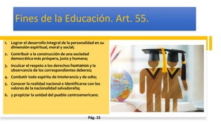Fines de la Educación. Art. 55.
1. Lograr el desarrollo integral de la personalidad en su
dimensión espiritual, moral y social;
2. Contribuir a la construcción de una sociedad
democrática más próspera, justa y humana;
3. Inculcar el respeto a los derechos humanos y la
observancia de los correspondientes deberes;
4. Combatir todo espíritu de intolerancia y de odio;
5. Conocer la realidad nacional e identificarse con los
valores de la nacionalidad salvadoreña;
6. y propiciar la unidad del pueblo centroamericano.
Pág. 15
 