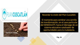 Recordar la visión del Plan Cuscatlán.
El momento para sembrar una semilla
de transformación, en el caso particular
del MINEDUCYT, hacia el liderazgo de un
sistema educativo catalizador de
oportunidades para la ciudadanía.
Pág. 36
 