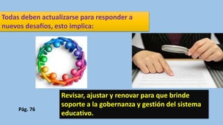 Todas deben actualizarse para responder a
nuevos desafíos, esto implica:
Revisar, ajustar y renovar para que brinde
soporte a la gobernanza y gestión del sistema
educativo.
Pág. 76
 