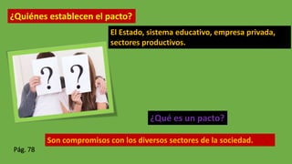 ¿Quiénes establecen el pacto?
El Estado, sistema educativo, empresa privada,
sectores productivos.
¿Qué es un pacto?
Son compromisos con los diversos sectores de la sociedad.
Pág. 78
 