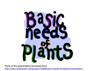 Parts of this presentation borrowed from:
http://www.slideshare.net/guesta178af0/basic-needs-of-plants-presentation
 