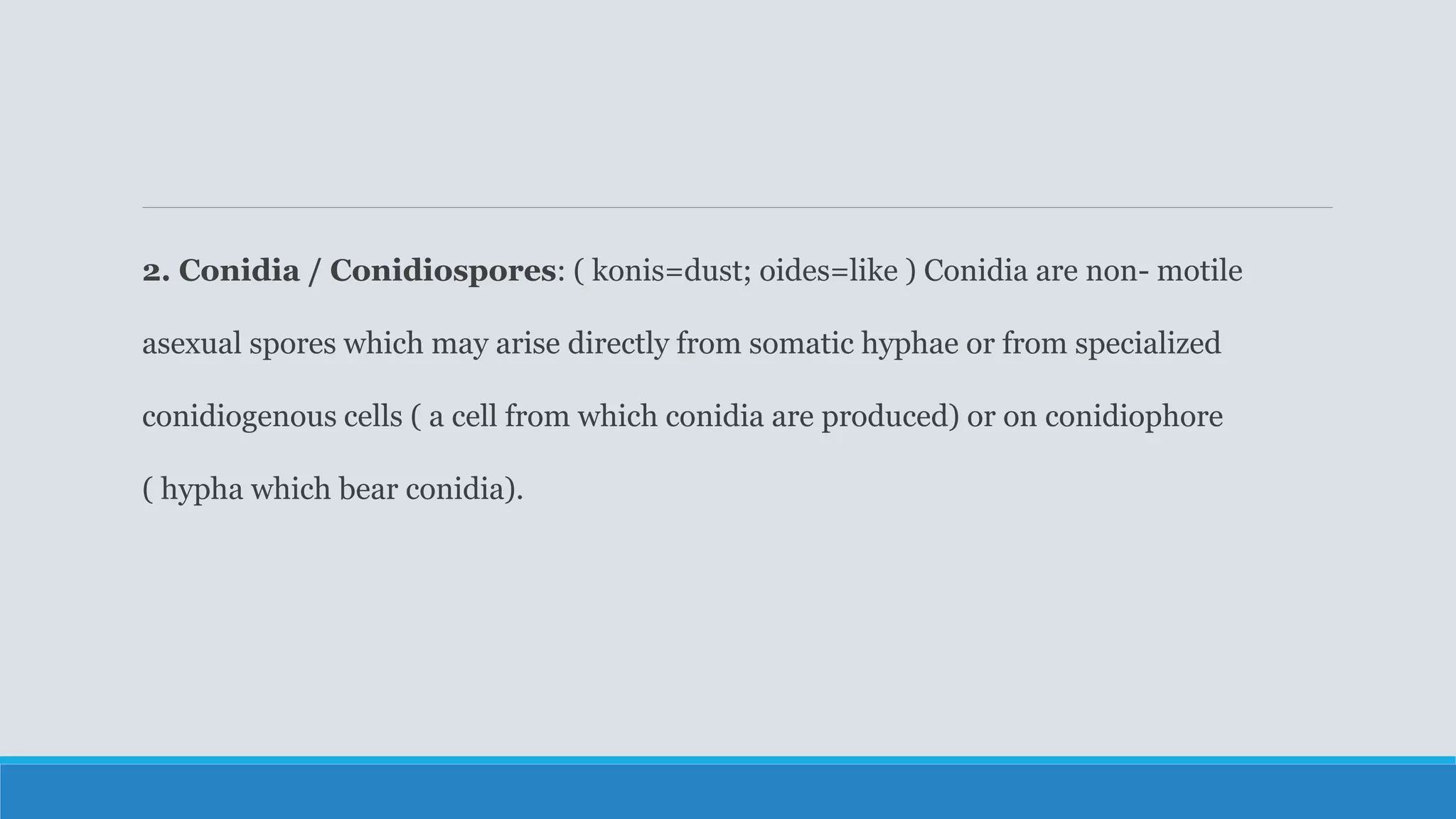 2. Conidia / Conidiospores: ( konis=dust; oides=like ) Conidia are non- motile
asexual spores which may arise directly from somatic hyphae or from specialized
conidiogenous cells ( a cell from which conidia are produced) or on conidiophore
( hypha which bear conidia).
 