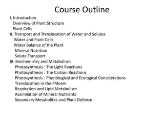 Course Outline
I. Introduction
   Overview of Plant Structure
   Plant Cells
II. Transport and Translocation of Water and ...