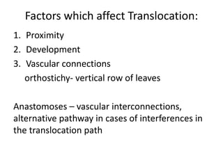 Factors which affect Translocation:
1. Proximity
2. Development
3. Vascular connections
   orthostichy- vertical row of leaves

Anastomoses – vascular interconnections,
alternative pathway in cases of interferences in
the translocation path
 