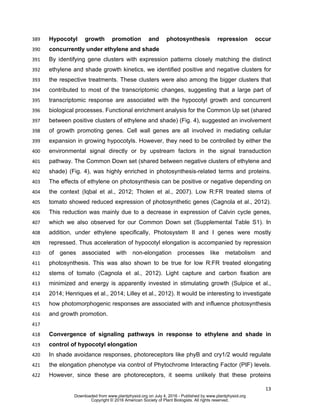 13
Hypocotyl growth promotion and photosynthesis repression occur389
concurrently under ethylene and shade390
By identifying gene clusters with expression patterns closely matching the distinct391
ethylene and shade growth kinetics, we identified positive and negative clusters for392
the respective treatments. These clusters were also among the bigger clusters that393
contributed to most of the transcriptomic changes, suggesting that a large part of394
transcriptomic response are associated with the hypocotyl growth and concurrent395
biological processes. Functional enrichment analysis for the Common Up set (shared396
between positive clusters of ethylene and shade) (Fig. 4), suggested an involvement397
of growth promoting genes. Cell wall genes are all involved in mediating cellular398
expansion in growing hypocotyls. However, they need to be controlled by either the399
environmental signal directly or by upstream factors in the signal transduction400
pathway. The Common Down set (shared between negative clusters of ethylene and401
shade) (Fig. 4), was highly enriched in photosynthesis-related terms and proteins.402
The effects of ethylene on photosynthesis can be positive or negative depending on403
the context (Iqbal et al., 2012; Tholen et al., 2007). Low R:FR treated stems of404
tomato showed reduced expression of photosynthetic genes (Cagnola et al., 2012).405
This reduction was mainly due to a decrease in expression of Calvin cycle genes,406
which we also observed for our Common Down set (Supplemental Table S1). In407
addition, under ethylene specifically, Photosystem II and I genes were mostly408
repressed. Thus acceleration of hypocotyl elongation is accompanied by repression409
of genes associated with non-elongation processes like metabolism and410
photosynthesis. This was also shown to be true for low R:FR treated elongating411
stems of tomato (Cagnola et al., 2012). Light capture and carbon fixation are412
minimized and energy is apparently invested in stimulating growth (Sulpice et al.,413
2014; Henriques et al., 2014; Lilley et al., 2012). It would be interesting to investigate414
how photomorphogenic responses are associated with and influence photosynthesis415
and growth promotion.416
417
Convergence of signaling pathways in response to ethylene and shade in418
control of hypocotyl elongation419
In shade avoidance responses, photoreceptors like phyB and cry1/2 would regulate420
the elongation phenotype via control of Phytochrome Interacting Factor (PIF) levels.421
However, since these are photoreceptors, it seems unlikely that these proteins422
www.plantphysiol.orgon July 4, 2016 - Published bywww.plantphysiol.orgDownloaded from
Copyright © 2016 American Society of Plant Biologists. All rights reserved.
 