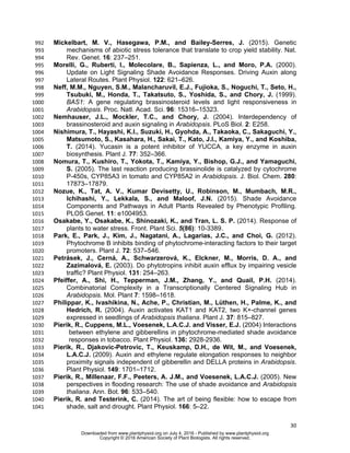 30
Mickelbart, M. V., Hasegawa, P.M., and Bailey-Serres, J. (2015). Genetic992
mechanisms of abiotic stress tolerance that translate to crop yield stability. Nat.993
Rev. Genet. 16: 237–251.994
Morelli, G., Ruberti, I., Molecolare, B., Sapienza, L., and Moro, P.A. (2000).995
Update on Light Signaling Shade Avoidance Responses. Driving Auxin along996
Lateral Routes. Plant Physiol. 122: 621–626.997
Neff, M.M., Nguyen, S.M., Malancharuvil, E.J., Fujioka, S., Noguchi, T., Seto, H.,998
Tsubuki, M., Honda, T., Takatsuto, S., Yoshida, S., and Chory, J. (1999).999
BAS1: A gene regulating brassinosteroid levels and light responsiveness in1000
Arabidopsis. Proc. Natl. Acad. Sci. 96: 15316–15323.1001
Nemhauser, J.L., Mockler, T.C., and Chory, J. (2004). Interdependency of1002
brassinosteroid and auxin signaling in Arabidopsis. PLoS Biol. 2: E258.1003
Nishimura, T., Hayashi, K.I., Suzuki, H., Gyohda, A., Takaoka, C., Sakaguchi, Y.,1004
Matsumoto, S., Kasahara, H., Sakai, T., Kato, J.I., Kamiya, Y., and Koshiba,1005
T. (2014). Yucasin is a potent inhibitor of YUCCA, a key enzyme in auxin1006
biosynthesis. Plant J. 77: 352–366.1007
Nomura, T., Kushiro, T., Yokota, T., Kamiya, Y., Bishop, G.J., and Yamaguchi,1008
S. (2005). The last reaction producing brassinolide is catalyzed by cytochrome1009
P-450s, CYP85A3 in tomato and CYP85A2 in Arabidopsis. J. Biol. Chem. 280:1010
17873–17879.1011
Nozue, K., Tat, A. V., Kumar Devisetty, U., Robinson, M., Mumbach, M.R.,1012
Ichihashi, Y., Lekkala, S., and Maloof, J.N. (2015). Shade Avoidance1013
Components and Pathways in Adult Plants Revealed by Phenotypic Profiling.1014
PLOS Genet. 11: e1004953.1015
Osakabe, Y., Osakabe, K., Shinozaki, K., and Tran, L. S. P. (2014). Response of1016
plants to water stress. Front. Plant Sci. 5(86): 10-3389.1017
Park, E., Park, J., Kim, J., Nagatani, A., Lagarias, J.C., and Choi, G. (2012).1018
Phytochrome B inhibits binding of phytochrome-interacting factors to their target1019
promoters. Plant J. 72: 537–546.1020
Petrásek, J., Cerná, A., Schwarzerová, K., Elckner, M., Morris, D. A., and1021
Zazímalová, E. (2003). Do phytotropins inhibit auxin efflux by impairing vesicle1022
traffic? Plant Physiol. 131: 254–263.1023
Pfeiffer, A., Shi, H., Tepperman, J.M., Zhang, Y., and Quail, P.H. (2014).1024
Combinatorial Complexity in a Transcriptionally Centered Signaling Hub in1025
Arabidopsis. Mol. Plant 7: 1598–1618.1026
Philippar, K., Ivashikina, N., Ache, P., Christian, M., Lüthen, H., Palme, K., and1027
Hedrich, R. (2004). Auxin activates KAT1 and KAT2, two K+-channel genes1028
expressed in seedlings of Arabidopsis thaliana. Plant J. 37: 815–827.1029
Pierik, R., Cuppens, M.L., Voesenek, L.A.C.J. and Visser, E.J. (2004) Interactions1030
between ethylene and gibberellins in phytochrome-mediated shade avoidance1031
responses in tobacco. Plant Physiol. 136: 2928-2936.1032
Pierik, R., Djakovic-Petrovic, T., Keuskamp, D.H., de Wit, M., and Voesenek,1033
L.A.C.J. (2009). Auxin and ethylene regulate elongation responses to neighbor1034
proximity signals independent of gibberellin and DELLA proteins in Arabidopsis.1035
Plant Physiol. 149: 1701–1712.1036
Pierik, R., Millenaar, F.F., Peeters, A. J.M., and Voesenek, L.A.C.J. (2005). New1037
perspectives in flooding research: The use of shade avoidance and Arabidopsis1038
thaliana. Ann. Bot. 96: 533–540.1039
Pierik, R. and Testerink, C. (2014). The art of being flexible: how to escape from1040
shade, salt and drought. Plant Physiol. 166: 5–22.1041
www.plantphysiol.orgon July 4, 2016 - Published bywww.plantphysiol.orgDownloaded from
Copyright © 2016 American Society of Plant Biologists. All rights reserved.
 