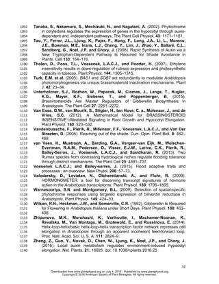 32
Tanaka, S., Nakamura, S., Mochizuki, N., and Nagatani, A. (2002). Phytochrome1092
in cotyledons regulates the expression of genes in the hypocotyl through auxin-1093
dependent and -independent pathways. The Plant Cell Physiol. 43: 1171–1181.1094
Tao, Y., Ferrer, J.L., Ljung, K., Pojer, F., Hong, F., Long, J.A., Li, L., Moreno,1095
J.E., Bowman, M.E., Ivans, L.J., Cheng, Y., Lim, J., Zhao, Y., Ballaré, C.L.,1096
Sandberg, G., Noel, J.P. and Chory, J. (2008). Rapid Synthesis of Auxin via a1097
New Tryptophan-Dependent Pathway Is Required for Shade Avoidance in1098
Plants. Cell 133: 164–176.1099
Tholen, D., Pons, T.L., Voesenek, L.A.C.J., and Poorter, H. (2007). Ethylene1100
insensitivity results in down-regulation of rubisco expression and photosynthetic1101
capacity in tobacco. Plant Physiol. 144: 1305–1315.1102
Turk, E.M. et al. (2005). BAS1 and SOB7 act redundantly to modulate Arabidopsis1103
photomorphogenesis via unique brassinosteroid inactivation mechanisms. Plant1104
J. 42: 23–34.1105
Unterholzner, S.J., Rozhon, W., Papacek, M., Ciomas, J., Lange, T., Kugler,1106
K.G., Mayer, K.F., Sieberer, T., and Poppenberger, B. (2015).1107
Brassinosteroids Are Master Regulators of Gibberellin Biosynthesis in1108
Arabidopsis. The Plant Cell 27: 2261–2272.1109
Van Esse, G.W., van Mourik, S., Stigter, H., ten Hove, C. a., Molenaar, J., and de1110
Vries, S.C. (2012). A Mathematical Model for BRASSINOSTEROID1111
INSENSITIVE1-Mediated Signaling in Root Growth and Hypocotyl Elongation.1112
Plant Physiol. 160: 523–532.1113
Vandenbussche, F., Pierik, R., Millenaar, F.F., Voesenek, L.A.C.J., and Van Der1114
Straeten, D. (2005). Reaching out of the shade. Curr. Opin. Plant Biol. 8: 462–1115
468.1116
van Veen, H., Mustroph, A., Barding, G.A., Vergeer-van Eijk, M., Welschen-1117
Evertman, R.A.M., Pedersen, O., Visser, E.J.W., Larive, C.K., Pierik, R.,1118
Bailey-Serres, J., Voesenek, L.A.C.J., and Sasidharan, R. (2013). Two1119
Rumex species from contrasting hydrological niches regulate flooding tolerance1120
through distinct mechanisms. The Plant Cell 25: 4691–707.1121
Voesenek L.A.C.J.; and Bailey-serres, J. (2015). Flood adaptive traits and1122
processes : an overview. New Phytol. 206: 57–73.1123
Volodarsky, D., Leviatan, N., Otcheretianski, A., and Fluhr, R. (2009).1124
HORMONOMETER: a tool for discerning transcript signatures of hormone1125
action in the Arabidopsis transcriptome. Plant Physiol. 150: 1796–1805.1126
Warnasooriya, S.N. and Montgomery, B.L. (2009). Detection of spatial-specific1127
phytochrome responses using targeted expression of biliverdin reductase in1128
Arabidopsis. Plant Physiol. 149: 424–33.1129
Wilson, R.N., Heckman, J.W., and Somerville, C.R. (1992). Gibberellin Is Required1130
for Flowering in Arabidopsis thaliana under Short Days. Plant Physiol. 100: 403–1131
408.1132
Zhiponova, M.K., Morohashi, K., Vanhoutte, I., Machemer-Noonan, K.,1133
Revalska, M., Van Montagu, M., Grotewold, E., and Russinova, E. (2014).1134
Helix-loop-helix/basic helix-loop-helix transcription factor network represses cell1135
elongation in Arabidopsis through an apparent incoherent feed-forward loop.1136
Proc. Natl. Acad. Sci. U. S. A. 111: 2824–9.1137
Zheng, Z., Guo, Y., Novak, O., Chen, W., Ljung, K., Noel, J.P., and Chory, J.1138
(2016). Local auxin metabolism regulates environment-induced hypocotyl1139
elongation. Nat. Plants. 21: 16025. doi: 10.1038/nplants.2016.251140
www.plantphysiol.orgon July 4, 2016 - Published bywww.plantphysiol.orgDownloaded from
Copyright © 2016 American Society of Plant Biologists. All rights reserved.
 