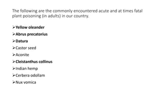 The following are the commonly encountered acute and at times fatal
plant poisoning (in adults) in our country.
Yellow oleander
Abrus precatorius
Datura
Castor seed
Aconite
Cleistanthus collinus
Indian hemp
Cerbera odollam
Nux vomica
 