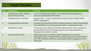 S.No Application Activity
1. Antidepressant-like, sedative
and anxiolytic effects
to exert antidepressant effects in an animal model of depression
(chronic unpredictable mild stress)
2. Antihypertensive activities Eugenol (EU) - a major constituent has been found to inhibit rabbit
platelet aggregation
3. Cardioprotective activities consistent and beneficial effects on blood pressure, cardiac hypertrophy
and endothelin 1-converting enzyme levels in hypertensive rats.
4. Antidiabetic effects P-coumaric acid, chichoric acid and caffeic acid have been reported to
possess blood, serum and plasma glucose lowering properties in
hyperglycemic diabetic models.
5. Antimicrobial activity inhibit the growth of Bacillus subtilis, Staphylococcus aureus,
Aspergillus niger, Candida albicans, Salmonella typhi and Escherichia
coli with minimum inhibitory concentration (MIC) ranging from 40 to
160 µg/ml
Health Benefits:
 