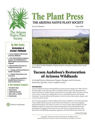 The Plant PressTHE ARIZONA NATIVE PLANT SOCIETY
VOLUME 33, NUMBER 1 SPRING 2009
continued next page
Printed on recycled paper.
Introduction
Tucson Audubon has been restoring habitat in desert riparian settings since 2000. All work
has taken place in the Santa Cruz River watershed with two project sites along the lower
Santa Cruz River in northern Pima County and one on the upper Santa Cruz River in Santa
Cruz County. A fourth very small project site is in a spring-fed canyon in the Tortolita
Mountains. Tucson Audubon also has plans to work at a more urban location along a wash
on the east side of Tucson.
The restoration program is heavily influenced by Tucson Audubon’s conservation priorities.
These include riparian research, conservation and restoration, in some cases targeting
particular bird species. The Santa Cruz River is an area of major riparian habitat loss with
significant impacts in the previous century from grazing, erosion, channelization and
groundwater pumping. However, the river was also seen as an opportunity due to the
potential for reestablishing xeroriparian vegetation and, downstream from Tucson, the
In this Issue:
Restoration of
Arizona’s Wildlands
1-5 Tucson Audubon’s Restoration
of Arizona Wildlands
6-7 From Field of Weeds to Riparian
Hotspot: The Rehabilitation of
Willow Wash at The Arboretum at
Flagstaff
8-9 Restoring Plant Diversity in a
Ponderosa Pine Forest
11-15 Ecology and Natural History of
Fendler’s Ceanothus
14-15 Riparian Restoration in the
Yuma Area
16-17 Using a Diverse Seed Mix to
Establish Native Plants on a
Sonoran Desert Burn
& Our Regular Features:
2 President’s Note
10 Ethnobotany
18 AZNPS Merchandise
19 Who’s Who at AZNPS
20 Membership
Copyright © 2009. Arizona Native Plant Society. All rights reserved.
Special thanks from the editors to all who contributed time and efforts to this issue.
above Santa Cruz River floodplain at Esperanza Ranch conservation easement. Photo courtesy
Kendall Kroesen.
Tucson Audubon’s Restoration
of Arizona Wildlands
by Kendall Kroesen, Restoration Program Manager, and Lia Sansom,
Restoration Specialist, Tucson Audubon Society
 