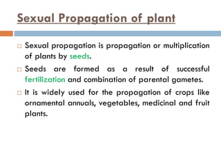Sexual Propagation of plant
 Sexual propagation is propagation or multiplication
of plants by seeds.
 Seeds are formed as a result of successful
fertilization and combination of parental gametes.
 It is widely used for the propagation of crops like
ornamental annuals, vegetables, medicinal and fruit
plants.
 