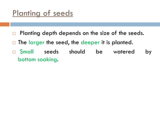 Planting of seeds
 Planting depth depends on the size of the seeds.
 The larger the seed, the deeper it is planted.
 Small seeds should be watered by
bottom soaking.
 