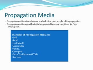 Propagation Media
- Propagation medium is a substance in which plant parts are placed for propagation.
- Propagation medium provides initial support and favorable conditions for Plant
Propagation.
Examples of Propagation Media are
• Soil
•Sand
•Leaf Mould
•Vermiculite
•Perlite.
•Coco peat
•Farm Yard Manure(FYM)
•Saw dust
 