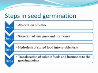 Steps in seed germination
Step 1
• Absorption of water
Step 2
• Secretion of enzymes and hormones
Step 3
• Hydrolysis of stored food into soluble form
Step4
• Translocation of soluble foods and hormones to the
growing points
 