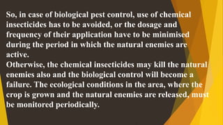 So, in case of biological pest control, use of chemical
insecticides has to be avoided, or the dosage and
frequency of their application have to be minimised
during the period in which the natural enemies are
active.
Otherwise, the chemical insecticides may kill the natural
enemies also and the biological control will become a
failure. The ecological conditions in the area, where the
crop is grown and the natural enemies are released, must
be monitored periodically.
 