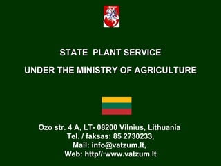 STATE  PLANT SERVICE UNDER THE MINISTRY OF AGRICULTURE Ozo str. 4 A, LT- 08200 Vilnius, Lithuania  Tel. / faksas: 85 2 7302 3 3 , Mail: info@vatzum.lt,  Web: http//:www.vatzum.lt 
