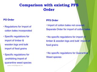 Comparison with existing PFS
Order
PO Order
• Regulations for Import of
cotton bales incorporated
• Specific regulations for
import of timber &
wooden logs and bulk
import of food grains
• Specific regulations for
prohibiting import of
quarantine weed species
PFS Order
• Import of cotton bales not covered.
Separate Order for import of cotton bales.
• No specific regulations for import of
timber & wooden logs and bulk‘ import of
food grains
• No specific regulations for Quarantine
Weed species
prabha.reddy95@gmail.com
 