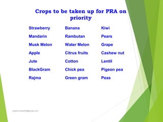 Crops to be taken up for PRA on
priority
Strawberry
Mandarin
Musk Melon
Apple
Jute
BlackGram
Rajma
Banana
Rambutan
Water Melon
Citrus fruits
Cotton
Chick pea
Green gram
Kiwi
Pears
Grape
Cashew nut
Lentil
Pigeon pea
Peas
prabha.reddy95@gmail.com
 