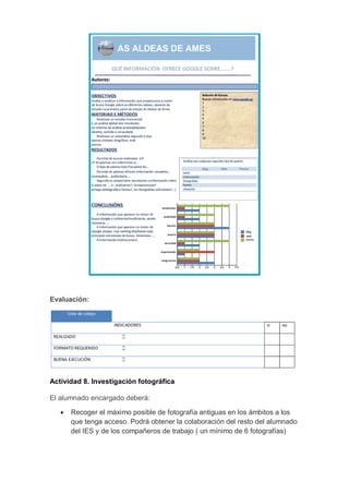 Evaluación:
Actividad 8. Investigación fotográfica
El alumnado encargado deberá:
 Recoger el máximo posible de fotografía antiguas en los ámbitos a los
que tenga acceso. Podrá obtener la colaboración del resto del alumnado
del IES y de los compañeros de trabajo ( un mínimo de 6 fotografías)
 