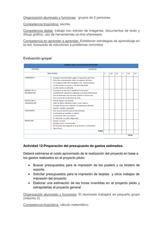 Organización alumnado y funciones: grupos de 2 personas.
Competencia lingüística: escrita.
Competencia digital: trabajo con edición de imágenes, documentos de texto y
dibujo gráfico, uso de herramientas on-line shareware.
Competencia en aprender a aprender: Establecer estrategias de aprendizaje en
la red, búsqueda de soluciones a problemas concretos.
Evaluación grupal
Actividad 12-Preparación del presupuesto de gastos estimados.
Deberá estimarse el costo aproximado de la realización del proyecto en base a
los gastos realizados en el proyecto piloto:
 Buscar presupuestos para la impresión de los posters y os blisters de
soporte.
 Solicitar presupuestos para la impresión de tarjetas y otros trabajos de
impresión del proyecto.
 Elaborar una estimación de las horas invertidas en el proyecto piloto y
extrapolarlas al proyecto general
Organización alumnado y funciones: El alumnado trabajará en pequeño grupo
(máximo 3).
Competencia lingüística: cálculo matemático.
 