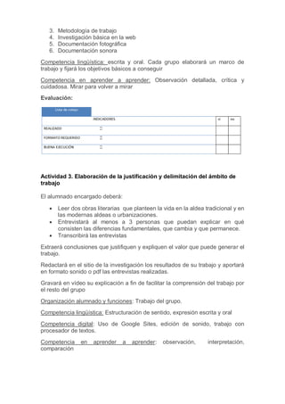 3. Metodología de trabajo
4. Investigación básica en la web
5. Documentación fotográfica
6. Documentación sonora
Competencia lingüística: escrita y oral. Cada grupo elaborará un marco de
trabajo y fijará los objetivos básicos a conseguir
Competencia en aprender a aprender: Observación detallada, crítica y
cuidadosa. Mirar para volver a mirar
Evaluación:
Actividad 3. Elaboración de la justificación y delimitación del ámbito de
trabajo
El alumnado encargado deberá:
 Leer dos obras literarias que planteen la vida en la aldea tradicional y en
las modernas aldeas o urbanizaciones.
 Entrevistará al menos a 3 personas que puedan explicar en qué
consisten las diferencias fundamentales, que cambia y que permanece.
 Transcribirá las entrevistas
Extraerá conclusiones que justifiquen y expliquen el valor que puede generar el
trabajo.
Redactará en el sitio de la investigación los resultados de su trabajo y aportará
en formato sonido o pdf las entrevistas realizadas.
Gravará en vídeo su explicación a fin de facilitar la comprensión del trabajo por
el resto del grupo
Organización alumnado y funciones: Trabajo del grupo.
Competencia lingüística: Estructuración de sentido, expresión escrita y oral
Competencia digital: Uso de Google Sites, edición de sonido, trabajo con
procesador de textos.
Competencia en aprender a aprender: observación, interpretación,
comparación
 